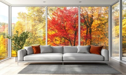 Minimalist Scandinavian living room with soft gray sofa, large windows and view on autumn forest