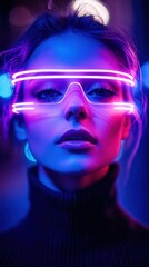 Close-up portrait of a woman with neon glasses, glowing in vibrant purple and blue light, showcasing futuristic fashion and technology concept.