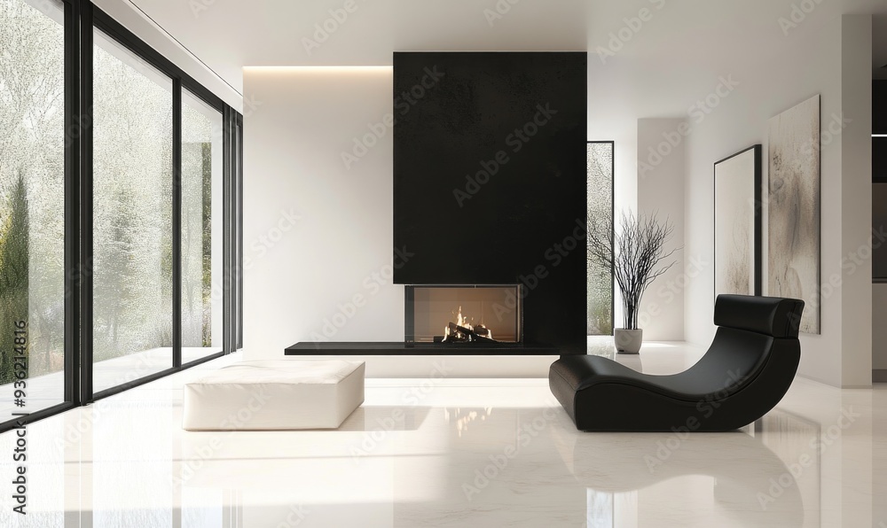 Wall mural modern minimalist room, gas fireplace, neutral tones, light wood floors