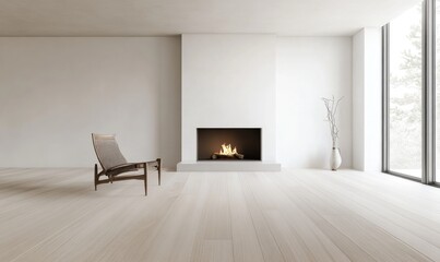 Modern minimalist living room, linear fireplace, light wood floors
