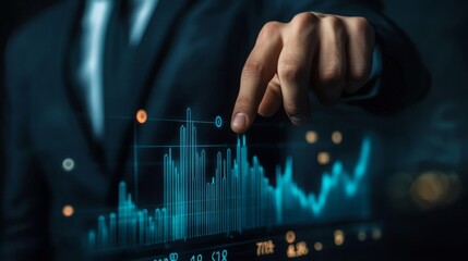 A man points to a diagram reflecting the company's income growth.