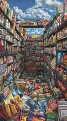Fototapeta premium Crowded grocery store aisle with various food products scattered on the floor under a bright blue sky with clouds.