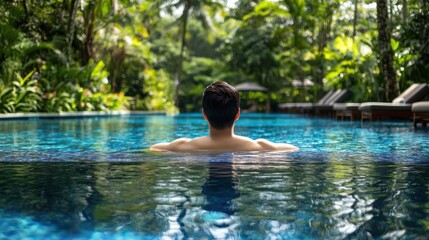 A traveler enjoys a moment of relaxation in a hotel pool, immersed in a tranquil setting with vibrant greenery all around