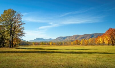 Fototapeta premium Autumn landscape with open field, colorful trees, distant mountains