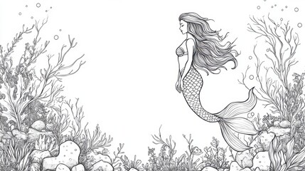 Fototapeta premium Outline illustration of a black and white mermaid for drawing and coloring on white background
