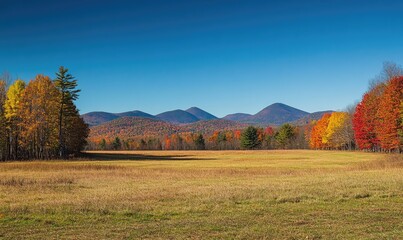Peaceful fall landscape, open field, colorful trees, distant mountains