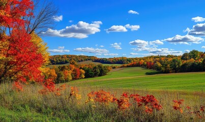 Peaceful fall scenery, rolling hills, red and yellow leaves