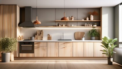 Home mock up, cozy modern kitchen interior background, 3d render
