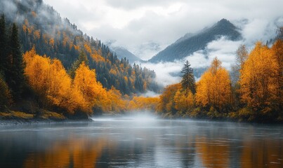 Closeup view on the river in autumn forest