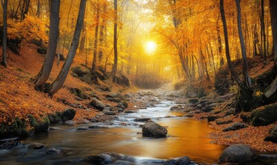 Closeup view on the river in autumn forest