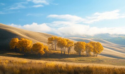 Fototapeta premium Autumn landscape, rolling hills, golden trees