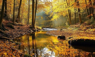 Closeup view on the river in autumn forest