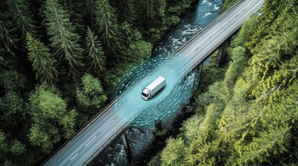 A futuristic truck on the road, an Autonomous truck with artificial intelligence, drives over a bridge over the river Cargo delivery, transportation of the future. Artificial intelligence Self-driving