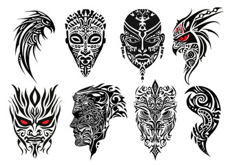 Vector tribal tattoo mask set. Highly detailed collection of ethnic style facial expressions, and abstract bird illustrations.