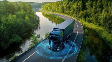 A futuristic truck on the road, an Autonomous truck with artificial intelligence, driving over rivers and lakes. Cargo delivery, transportation of the future. Artificial intelligence. Self-driving.