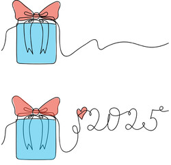 Decorative gift box with a ribbon and the year 2025 illustrated in a whimsical style