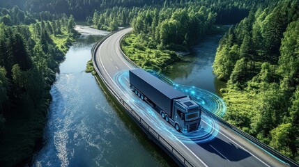 A futuristic truck on the road, an Autonomous truck with artificial intelligence, drives over a bridge over the river Cargo delivery, transportation of the future. Artificial intelligence Self-driving