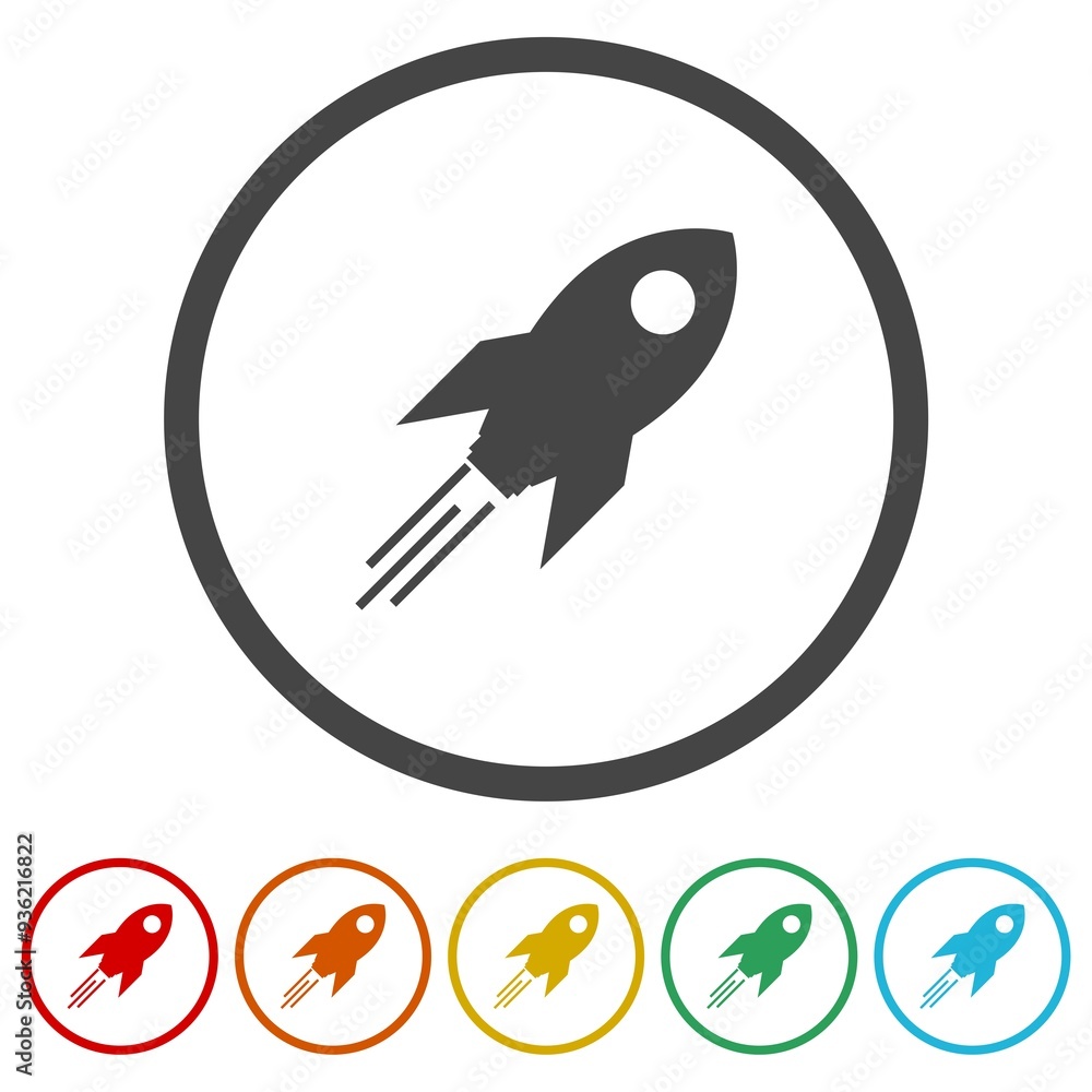 Poster rocket ship launch icon. set icons in color circle buttons