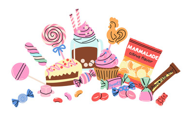 Sweets and candy. chocolate bars, caramel, toffee, different lollipop on sticks, marmalade bears. Confectionery shop elements. Christmas and birthday kids present cartoon flat isolated illustration