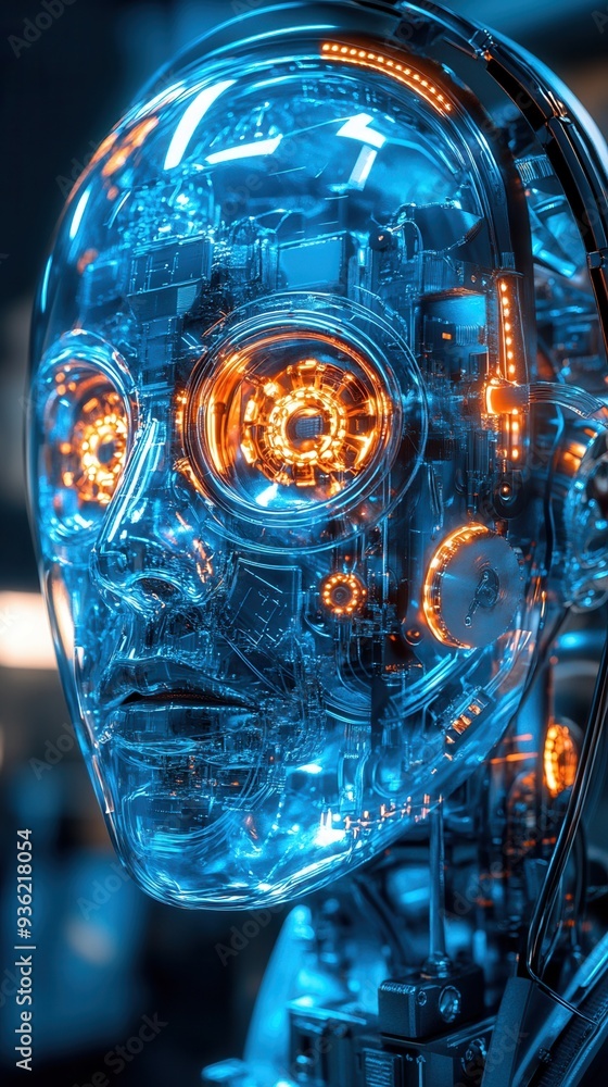 Poster futuristic robot head with glowing lights and transparent design, showcasing advanced technology and