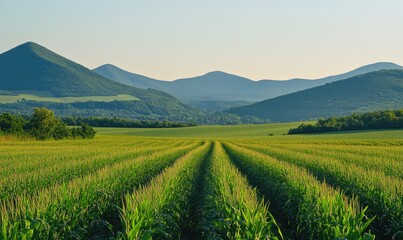 Obraz premium Rolling cornfields, lush green waves, distant mountains