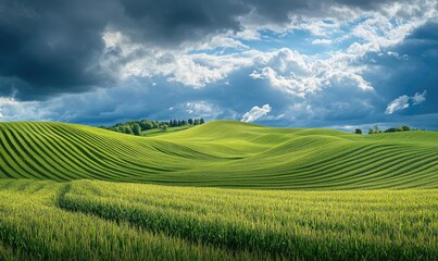 Rolling cornfields under dramatic skies, green waves