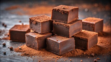 Decadent chocolate fudge squares dusted with cocoa powder on background, chocolate, fudge, squares, cocoa powder