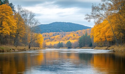 Scenic autumn landscape with forested hills and river