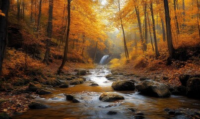 Scenic fall scenery, dense forest, golden leaves, gentle stream