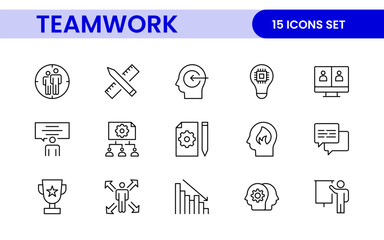 Teamwork linear icons collection. Set of coworking space icons. Business teamwork, team building, work group, and human resources minimal thin line web icon set.