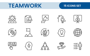 Teamwork linear icons collection. Set of coworking space icons. Business teamwork, team building, work group, and human resources minimal thin line web icon set.