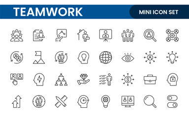 Teamwork linear icons collection. Set of coworking space icons. Business teamwork, team building, work group, and human resources minimal thin line web icon set.