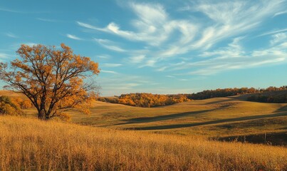 Fototapeta premium Scenic fall scenery, open field, colorful trees, distant mountains