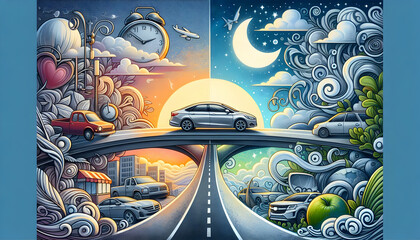 Obraz premium Symmetrical Morning Drive and Evening Wind Down Concept on Whimsical Background Ideal for Balancing Commuting and Unwinding | Photo Stock Concept