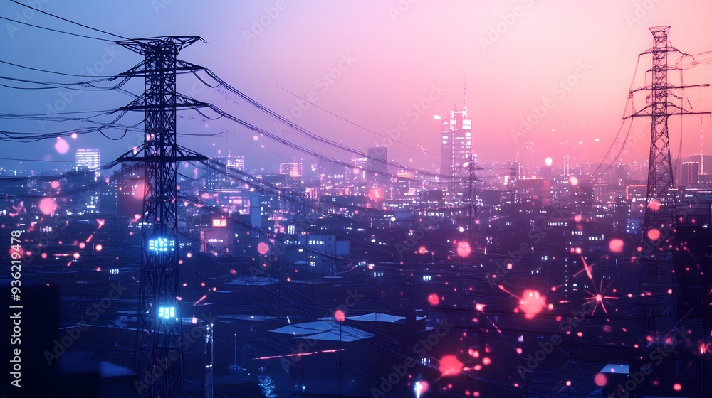 Aufkleber 35. a city is power grid layout shown with various nodes and connections in a digital style
