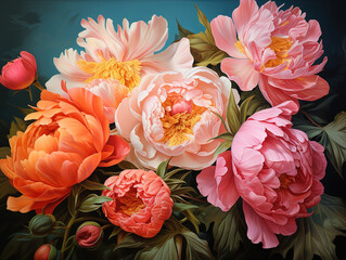 Eyecatching Three pink peonies on green background