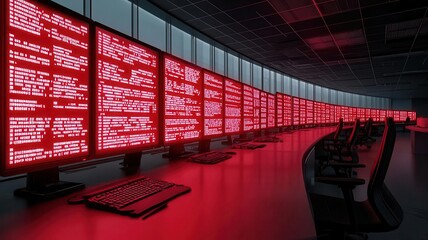 Red alert screens with distorted error messages flashing in a dimly lit room, digital illustration, emergency cyberattack response