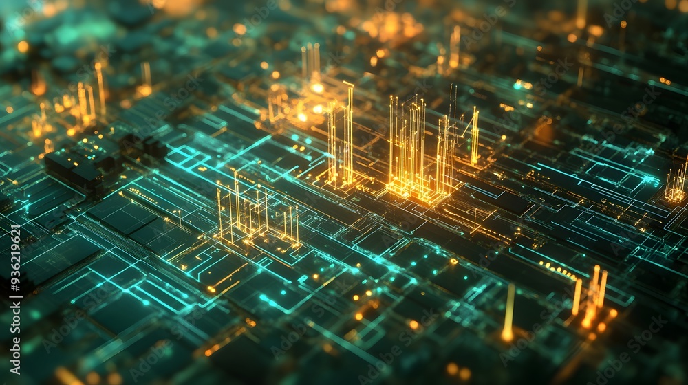 Aufkleber 35. a city is power grid layout shown with various nodes and connections in a digital style
