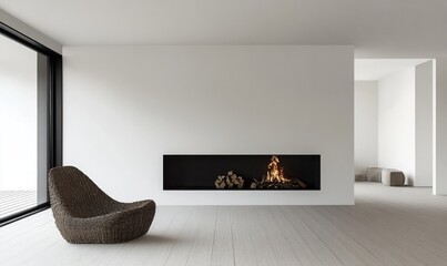 Simple minimalist interior with black fireplace