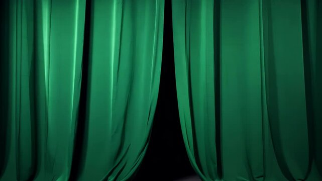 Rich green velvet curtains parting slightly in the middle, set against a dark background