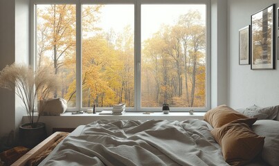 Simple Scandinavian bedroom, white walls, wooden accents