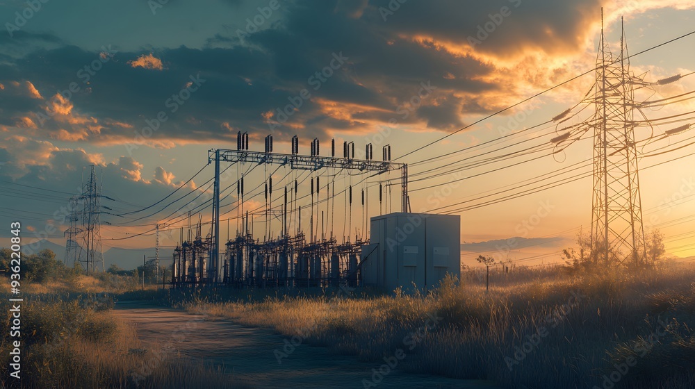 Poster 37. a rural power substation with large transformers and power lines extending into the distance