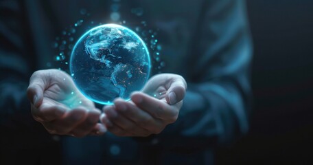 Hands holding a glowing Earth hologram, a digital world concept background with a copy space area for text and design Generative AI