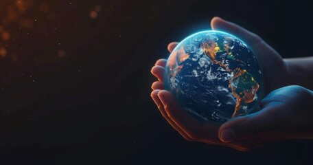 Hands holding a glowing Earth hologram, a digital world concept background with a copy space area for text and design Generative AI