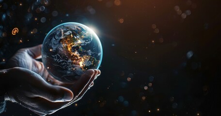 Hands holding a glowing Earth hologram, a digital world concept background with a copy space area for text and design Generative AI