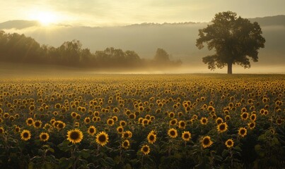 Obraz premium Sunrise illuminating sunflower fields
