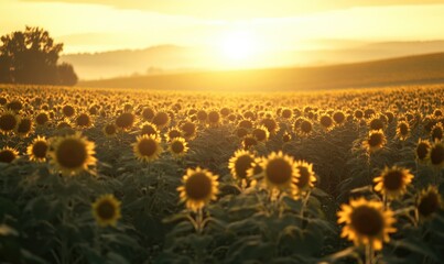 Fototapeta premium Sunrise illuminating sunflower fields
