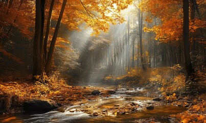 Fototapeta premium Tranquil autumn landscape, dense woods, vibrant foliage