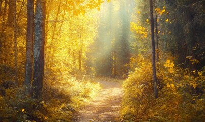 Tranquil autumn view, forest, winding trail, golden leaves