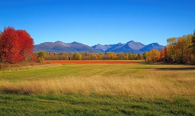Fototapeta premium Tranquil autumn view, open field, colorful trees, distant mountains